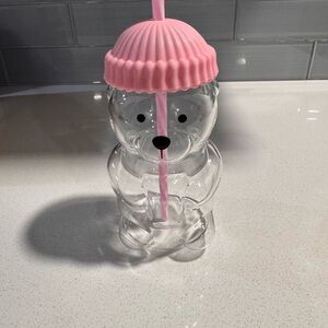 Glass Clear Bear-Shaped Drinking Cup with Pink Lid & Straw